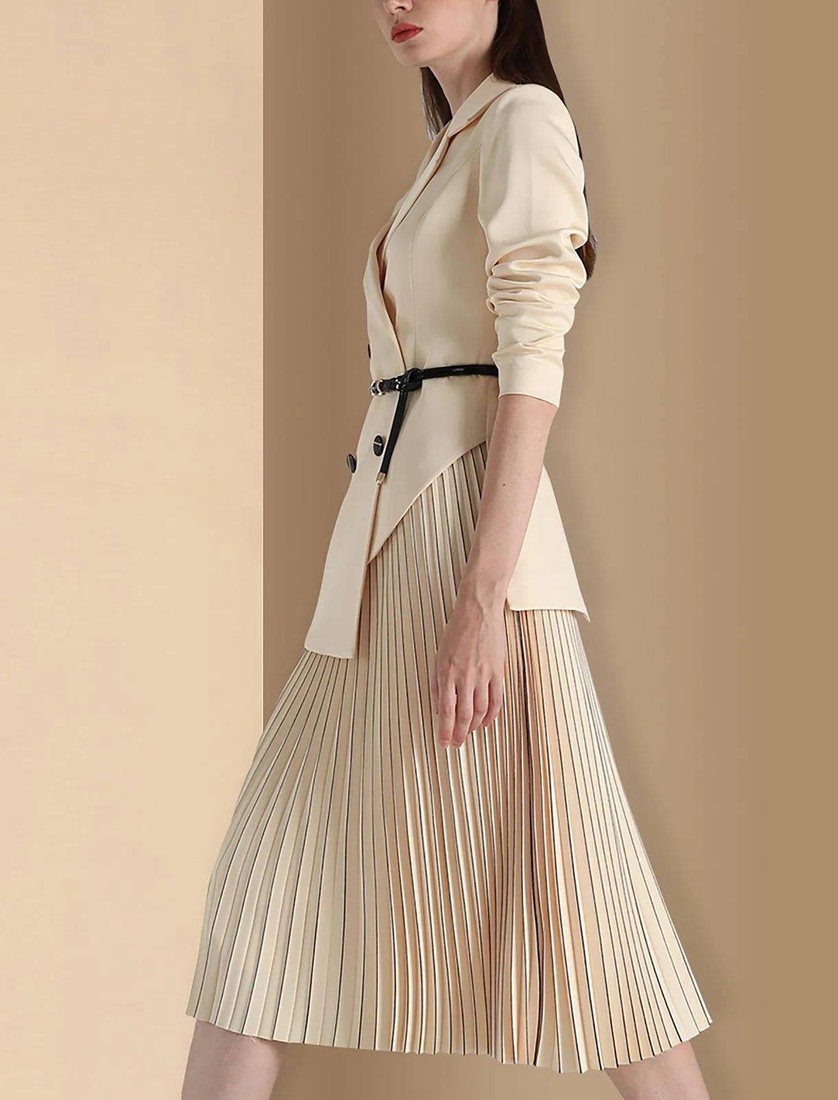 Women Beige irregular Double breasted Blazer Suit and Pleated Skirt Set