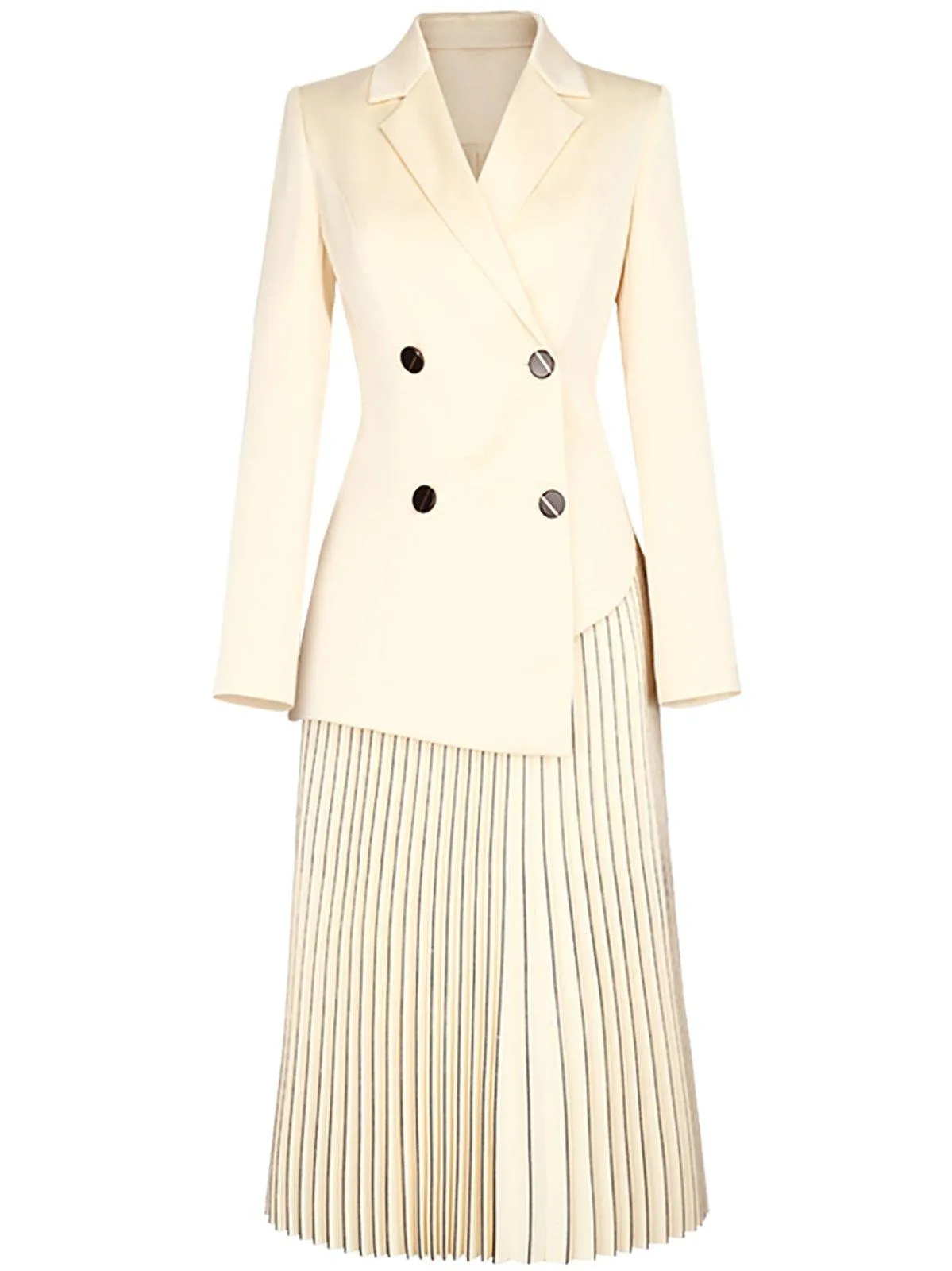 Women Beige irregular Double breasted Blazer Suit and Pleated Skirt Set