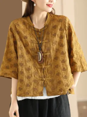 Women Ethnic Flower Jacquard Button-up Ramie Blouse SC1023