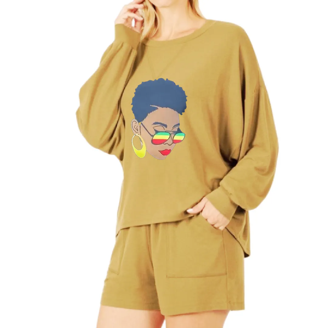 WOMEN KHAKI T-SHIRT OVERSIZED DROP SHOULDER SHORT OUTFIT SET