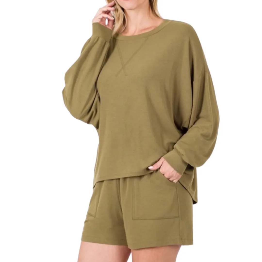 WOMEN KHAKI T-SHIRT OVERSIZED DROP SHOULDER SHORT OUTFIT SET