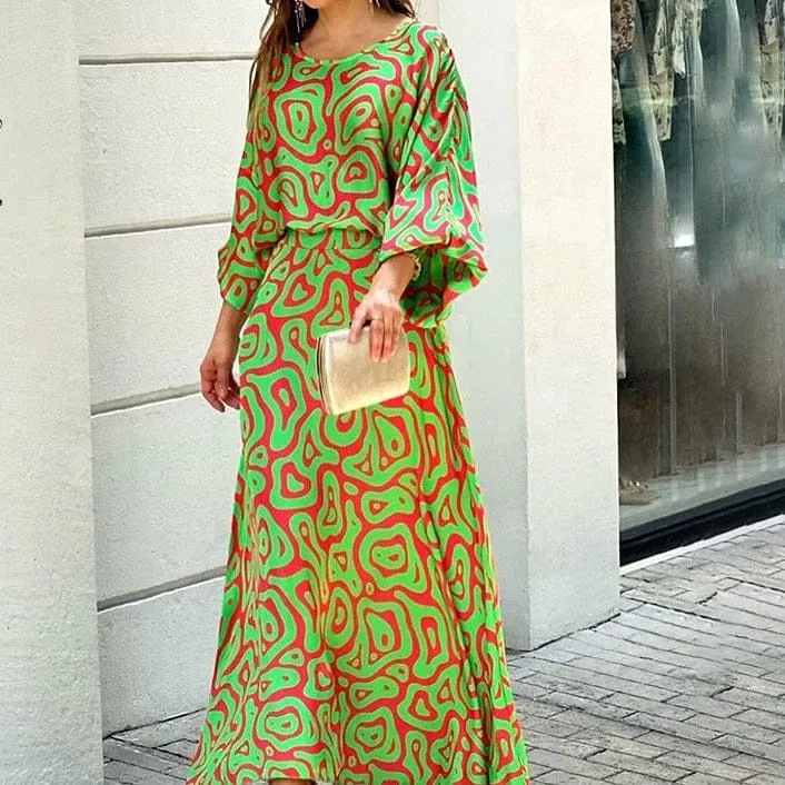 Women Summer Loose Printed Doll Sleeve Long Sleeve Top High Waist Long Skirt Suit S4600002