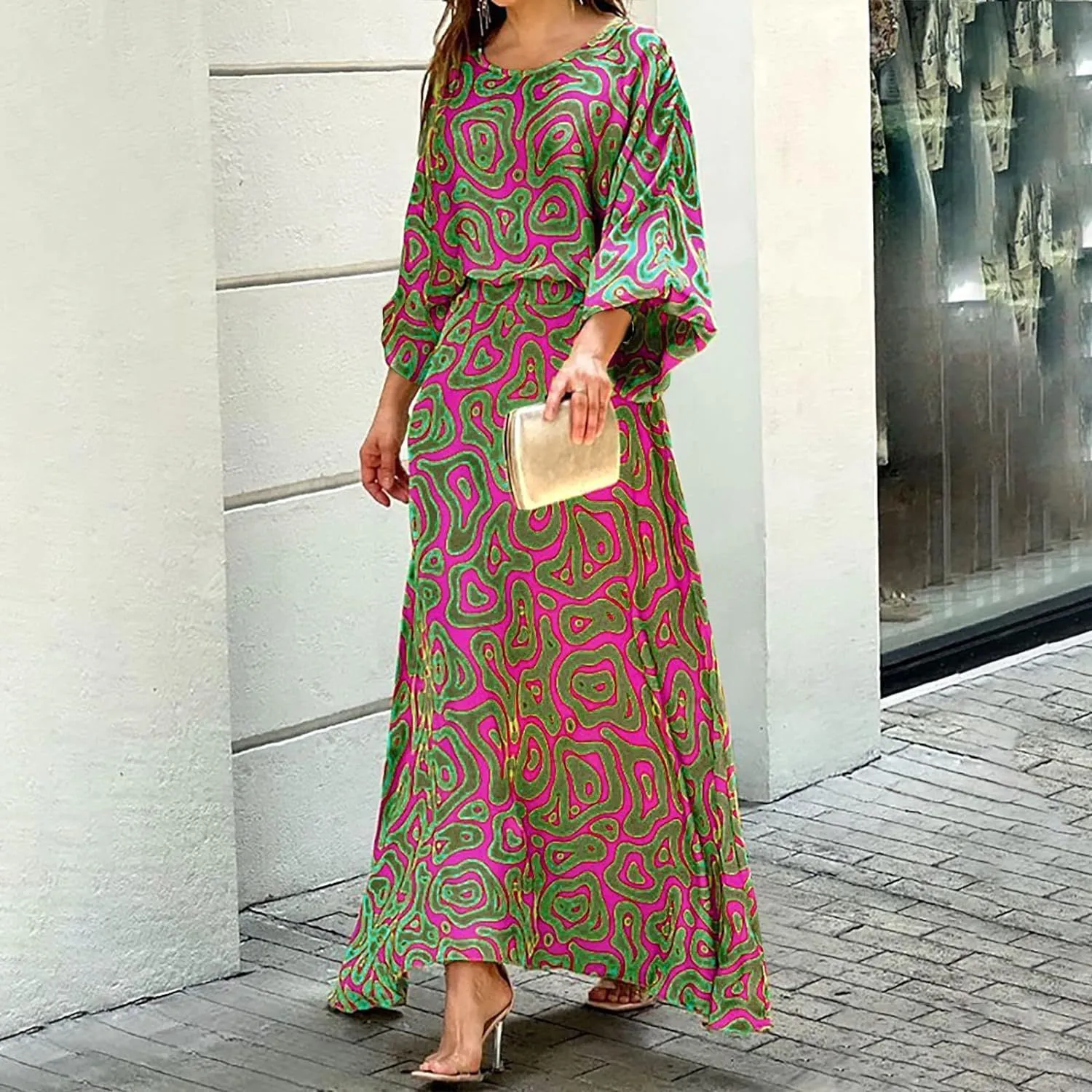 Women Summer Loose Printed Doll Sleeve Long Sleeve Top High Waist Long Skirt Suit S4600002