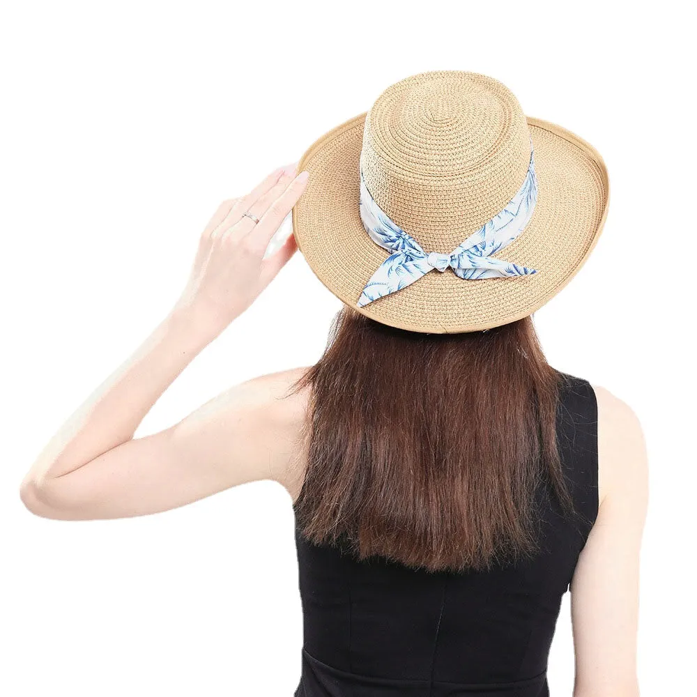 Women Sunscreen Travel Beach Sun Hat Elegant Bowknot Jazz Hat Flat Hat Straw Hat