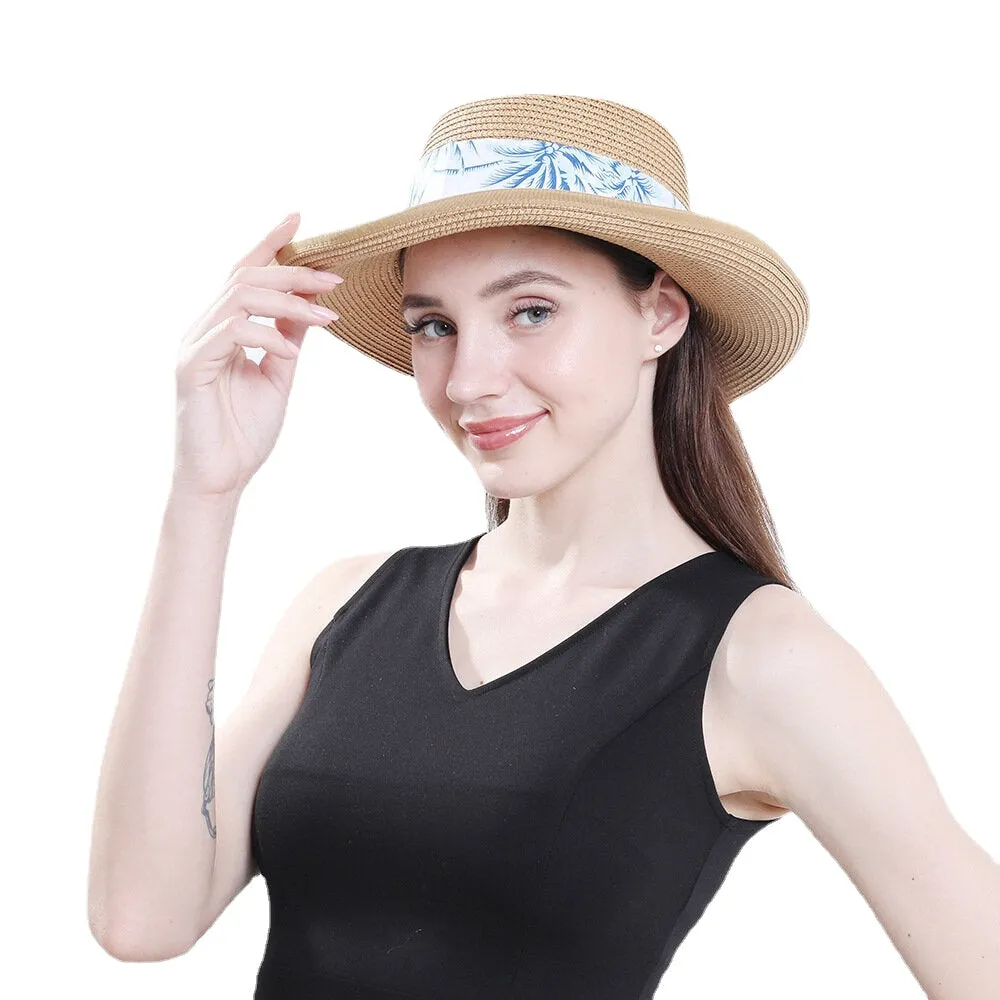 Women Sunscreen Travel Beach Sun Hat Elegant Bowknot Jazz Hat Flat Hat Straw Hat