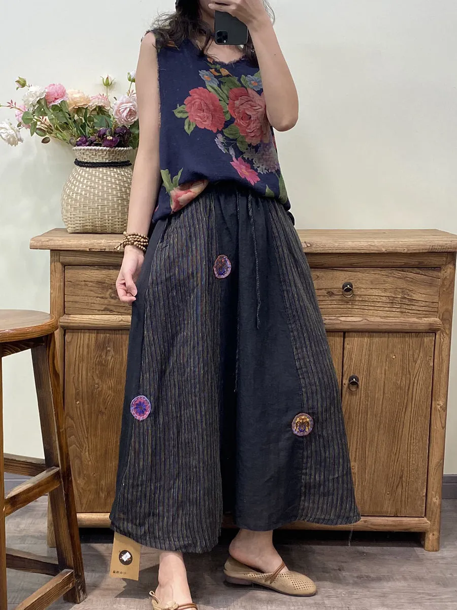 Women Vintage Stripe Spliced Patch Loose Skirt