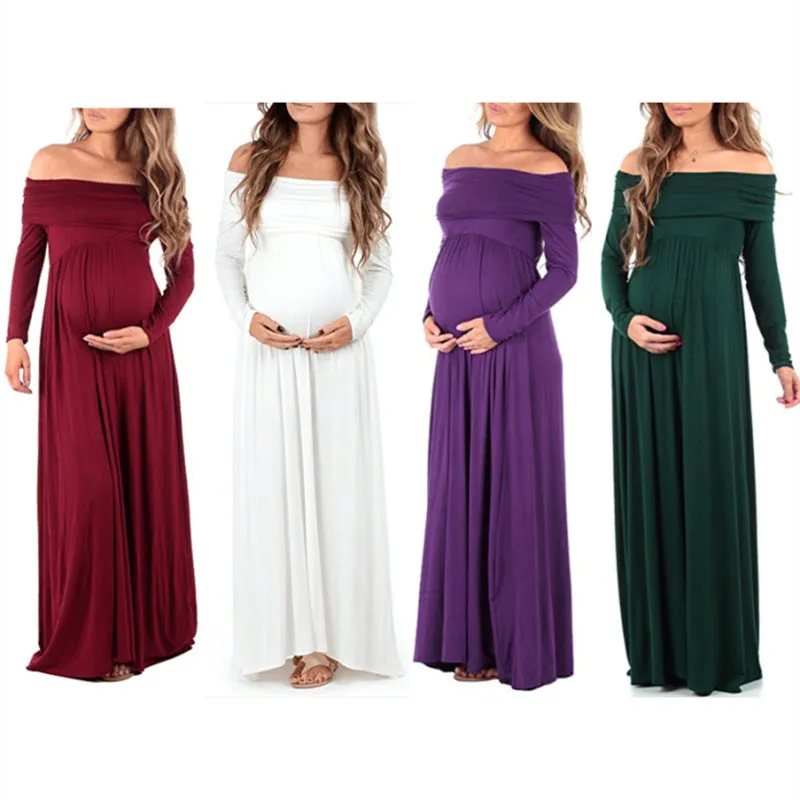 Women's Solid Color Long-sleeved One-shoulder Lapel Drag Maternity Dress