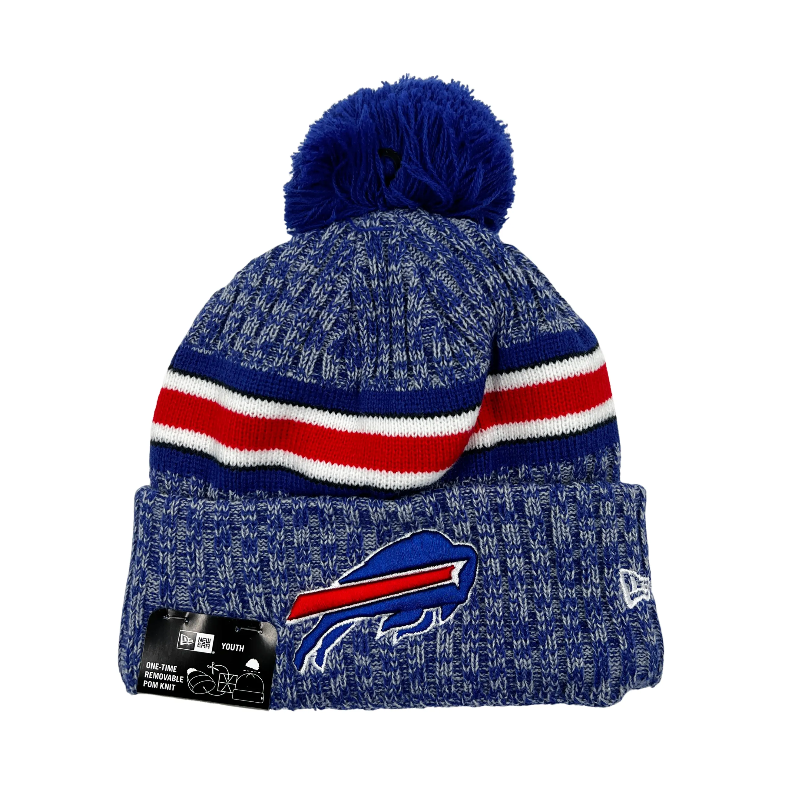 Youth New Era Bills Royal Team Stripe 2023 Sideline Pom Knit Hat