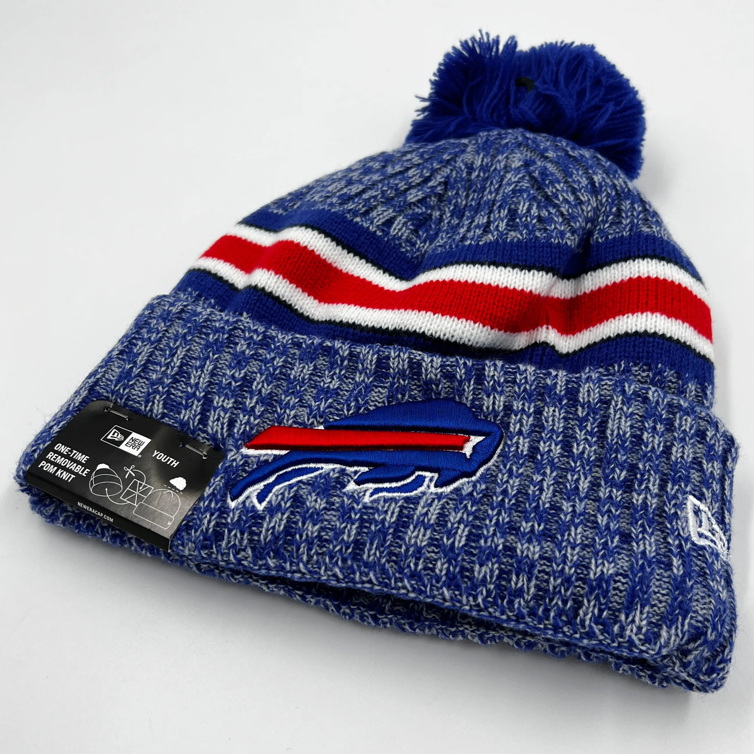 Youth New Era Bills Royal Team Stripe 2023 Sideline Pom Knit Hat